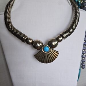 Vintage Silver-Tone Art Deco Necklace with Faux Turquoise Accent